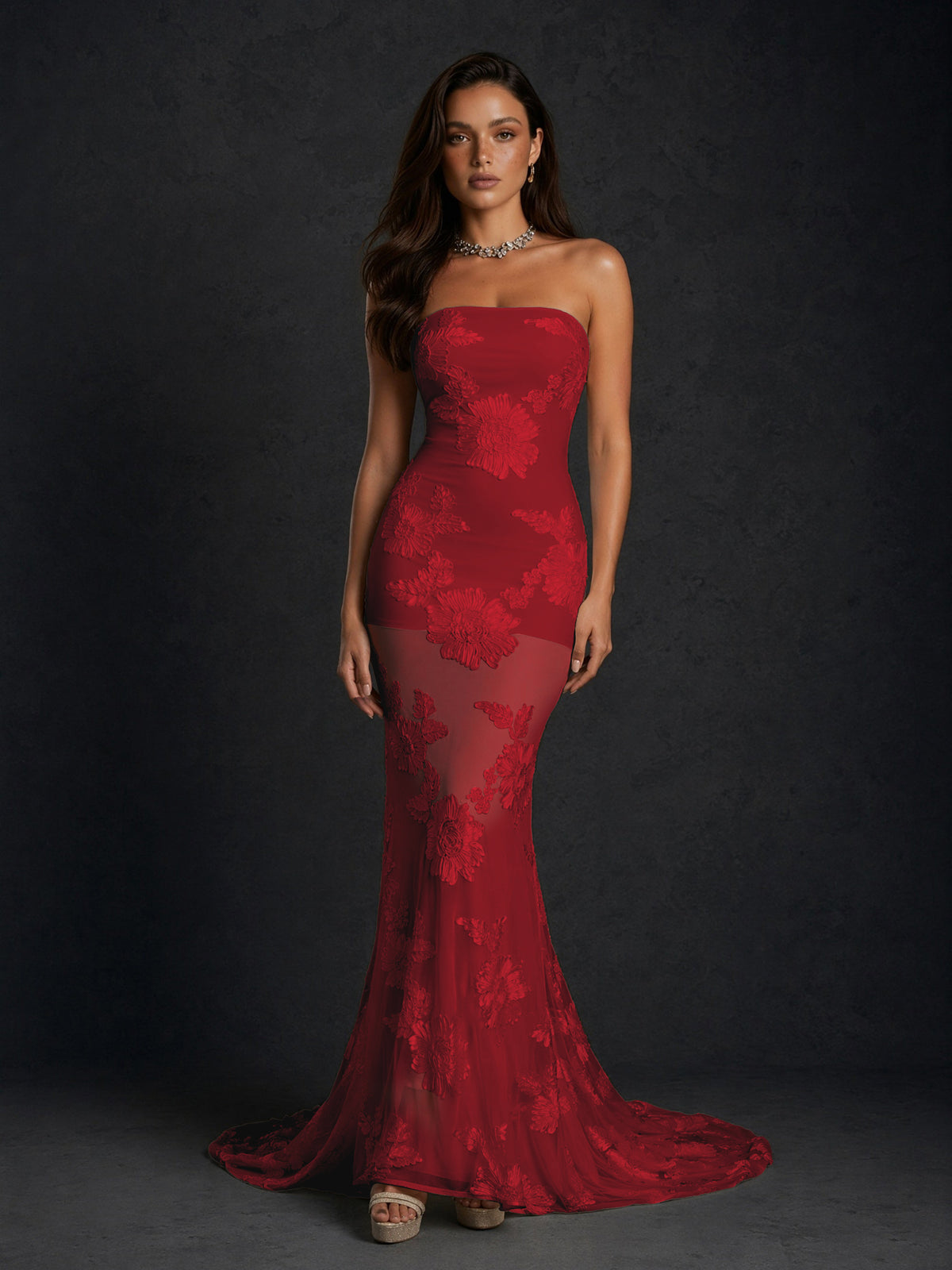 BOLODOO Burgundy Champagne Gold Floral Sequin Embroidered Mesh Strapless Open Back Mermaid Maxi Dress with Train - Burgundy