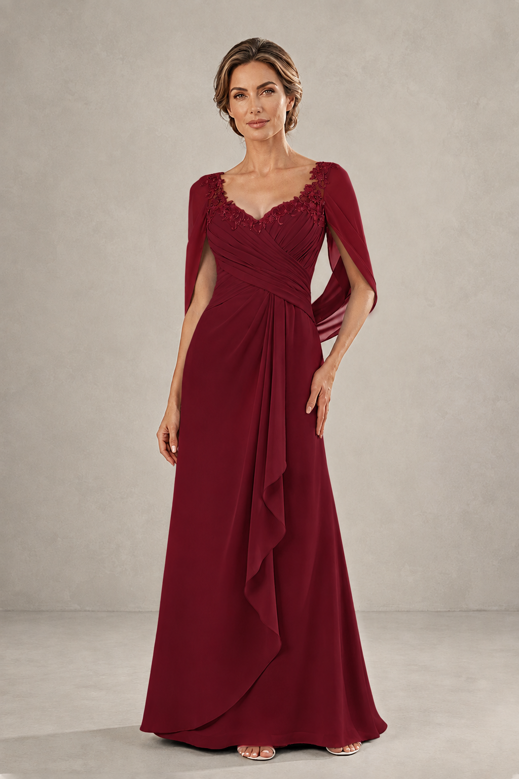 BOLODOO Burgundy Chiffon V-Neck Lace Applique Cape Sleeve Cascade Ruffle Lace-Up Back Sheath Maxi Evening Dress - Burgundy