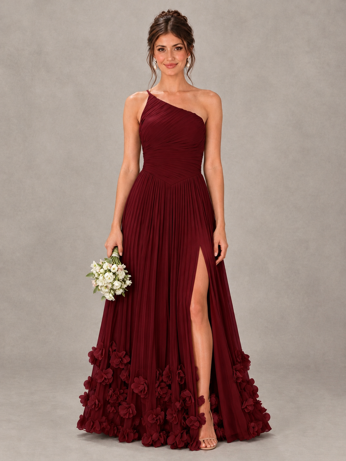 BOLODOO Burgundy One-Shoulder Pleated Bridesmaid Dress with 3D Floral Hem - Burgundy - Burgundy_1