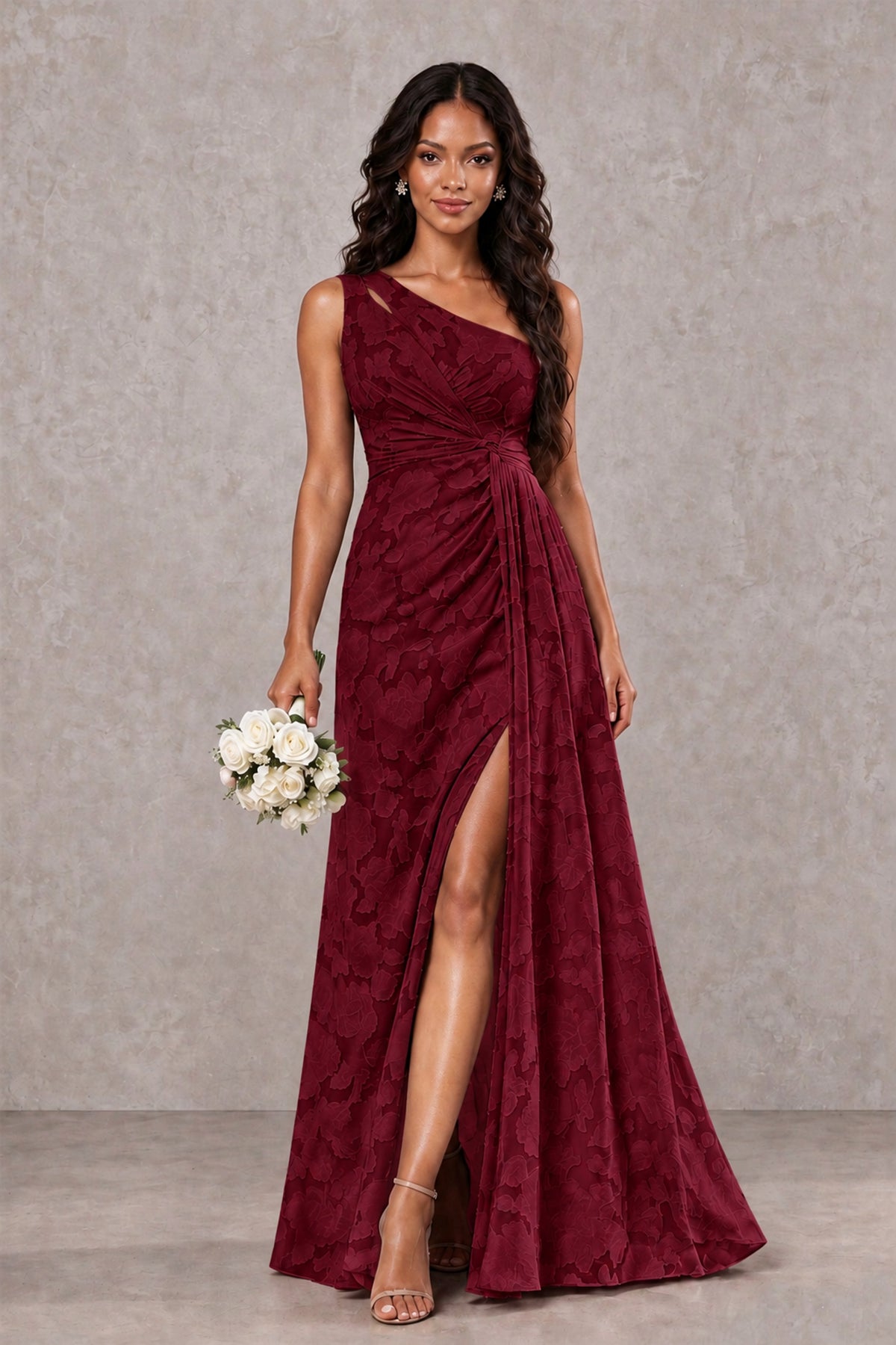 BOLODOO Burgundy One-Shoulder Floral Textured Maxi Dress with High Slit - Burgundy - Burgundy_1