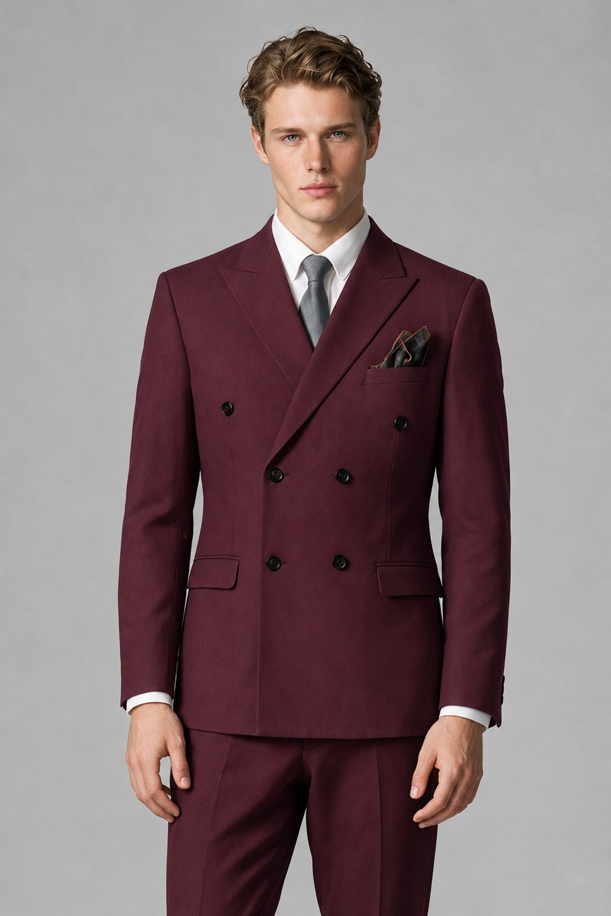Bolodoo Men's Burgundy Double-Breasted Two-Piece Suit with Peak Lapels - Burgundy - Burgundy_1