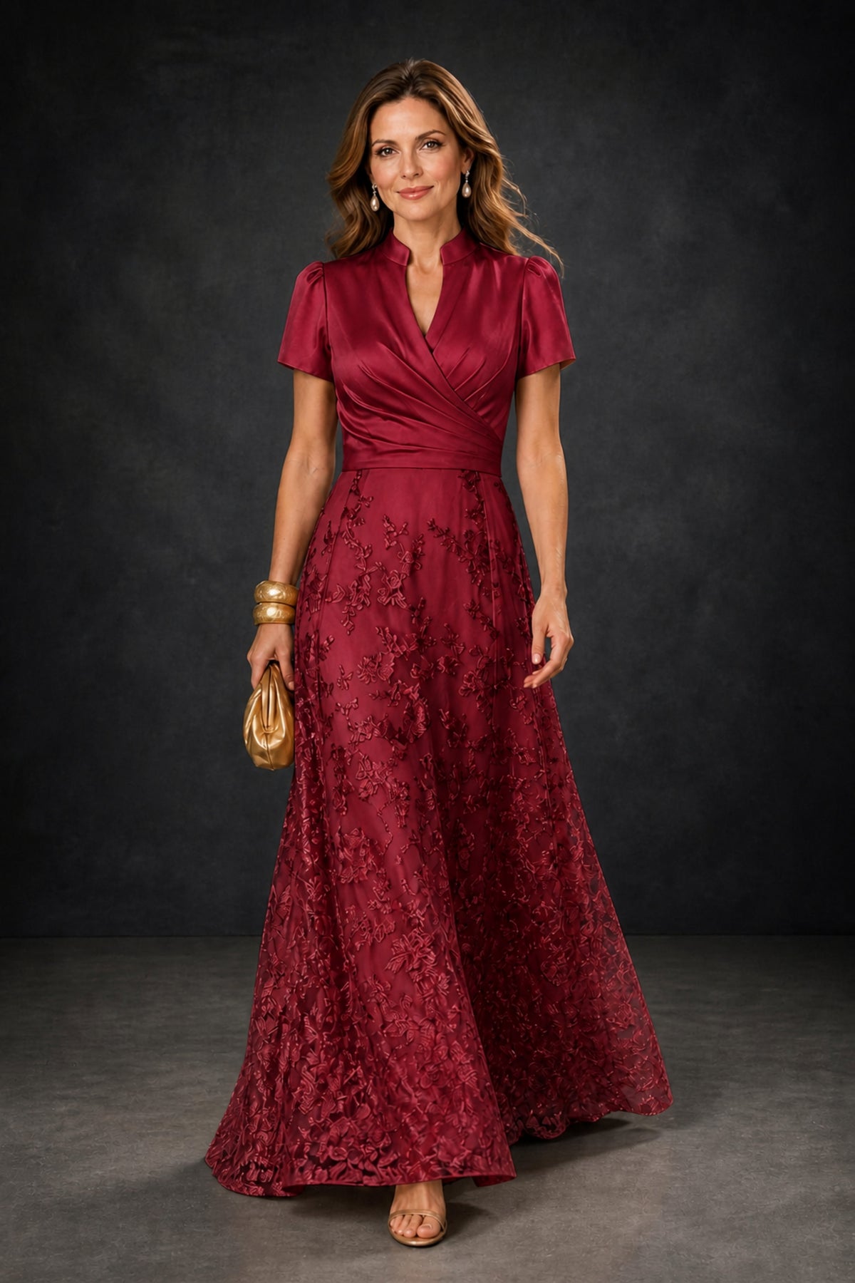 BOLODOO Burgundy Satin Wrap V-Neck Short Sleeve Lace Glitter A-Line Floor Length Evening Gown – Formal Dress - Burgundy