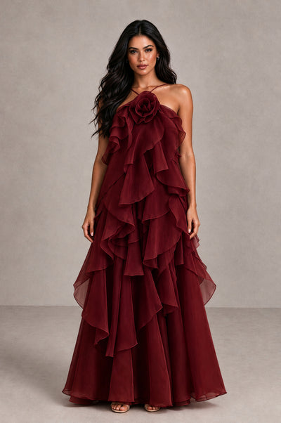 BOLODOO Burgundy Cascading Ruffle Rosette Open-Back Maxi Dress - Burgundy - Burgundy_1