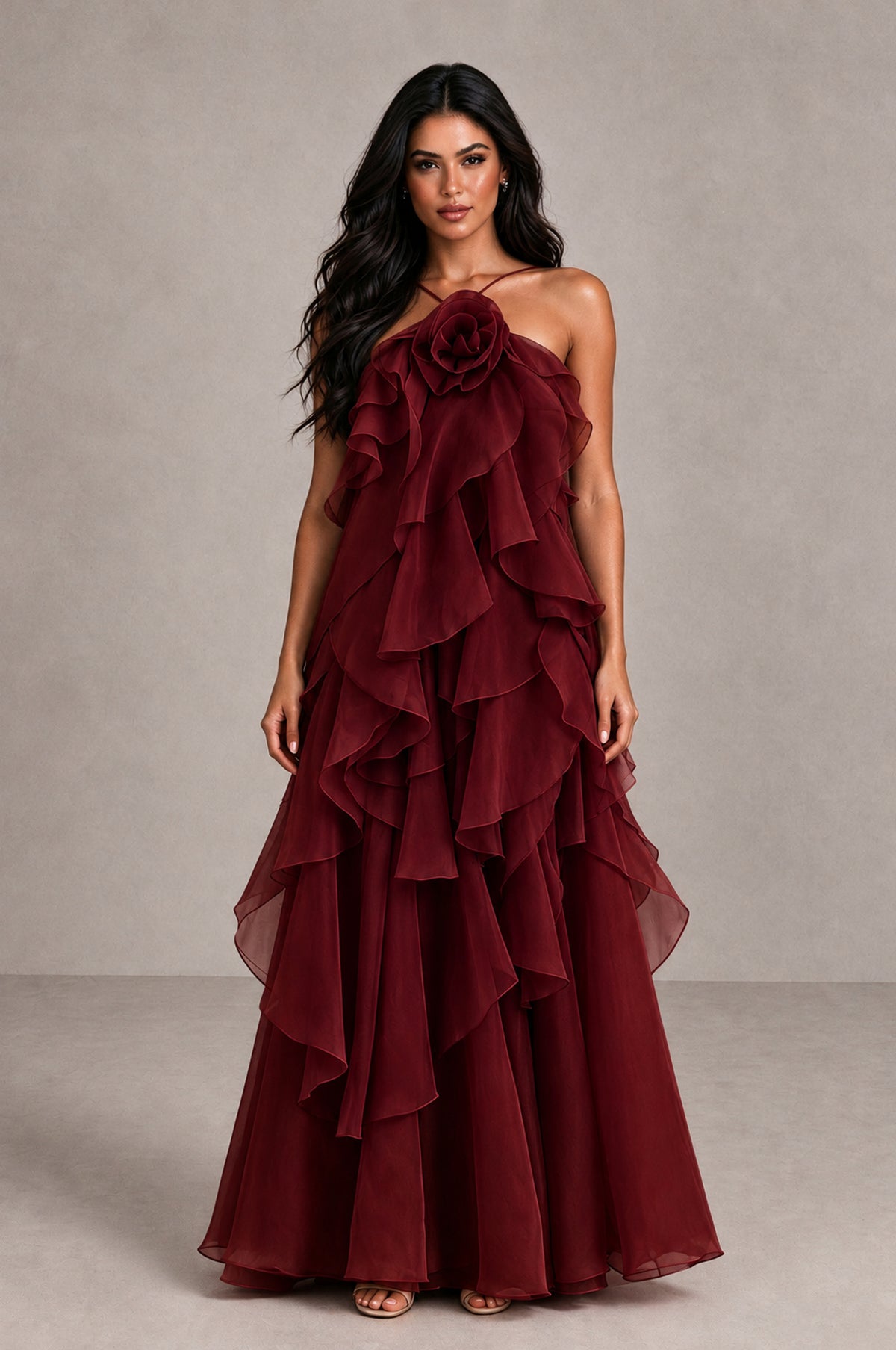 BOLODOO Burgundy Cascading Ruffle Rosette Open-Back Maxi Dress - Burgundy - Burgundy_1