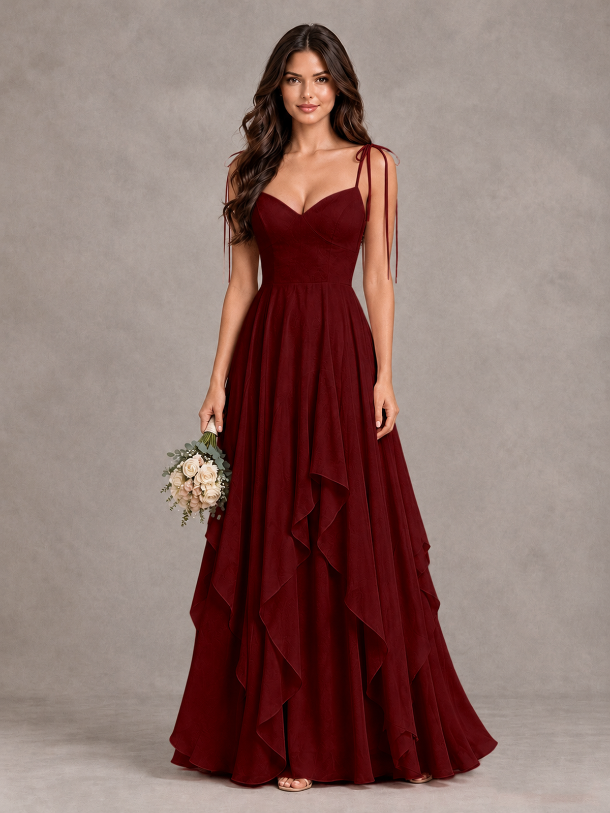 BOLODOO Burgundy Tie-Strap Ruffle A-Line Bridesmaid Dress - Burgundy - Burgundy_1