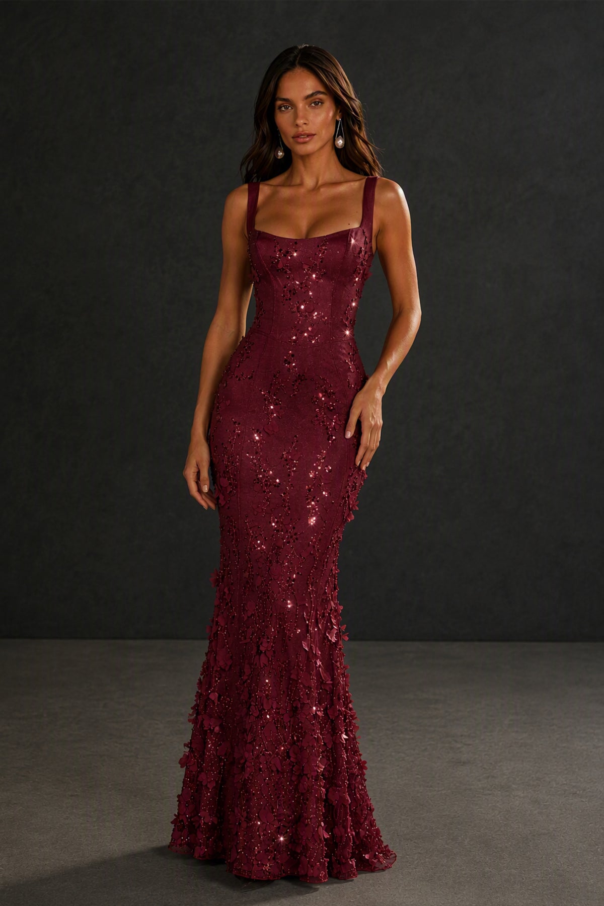 BOLODOO Burgundy Sequin 3D Floral Mermaid Maxi Gown – Lace-Up Back Formal Dress - Burgundy