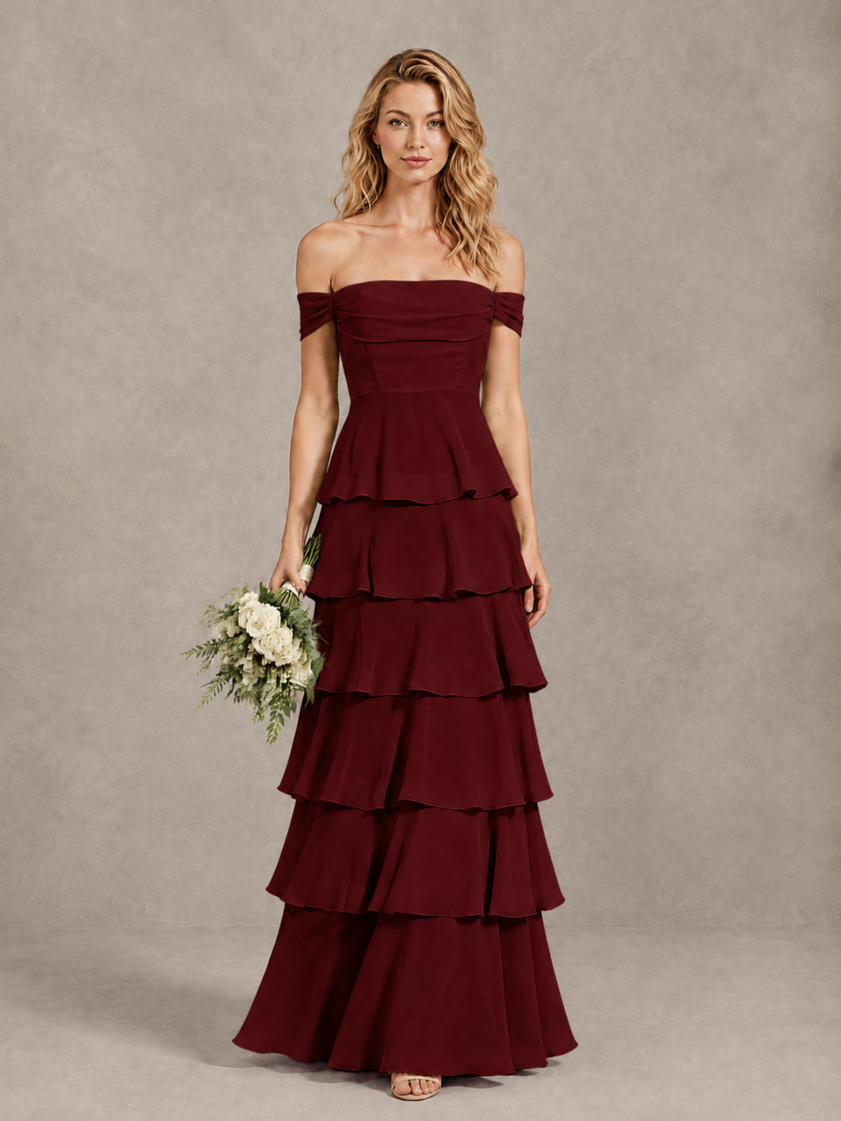 BOLODOO Burgundy Off-Shoulder Tiered Ruffle Bridesmaid Dress with Lace-Up Back - Burgundy - Burgundy_1