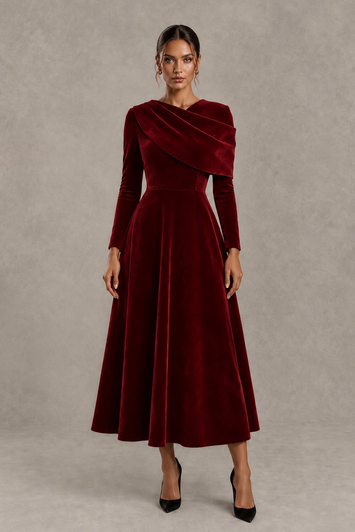 BOLODOO Burgundy Velvet-Look Long Sleeve Tea-Length A-Line Dress with Draped Neckline - Burgundy - Burgundy_1