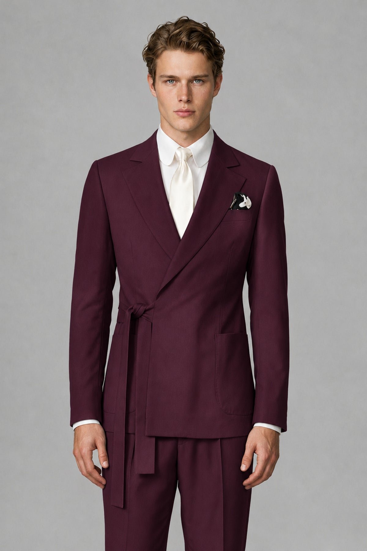 Bolodoo Men's Burgundy Wrap Tie-Waist Two-Piece Suit – Jacket & Trousers - Burgundy - Burgundy_1