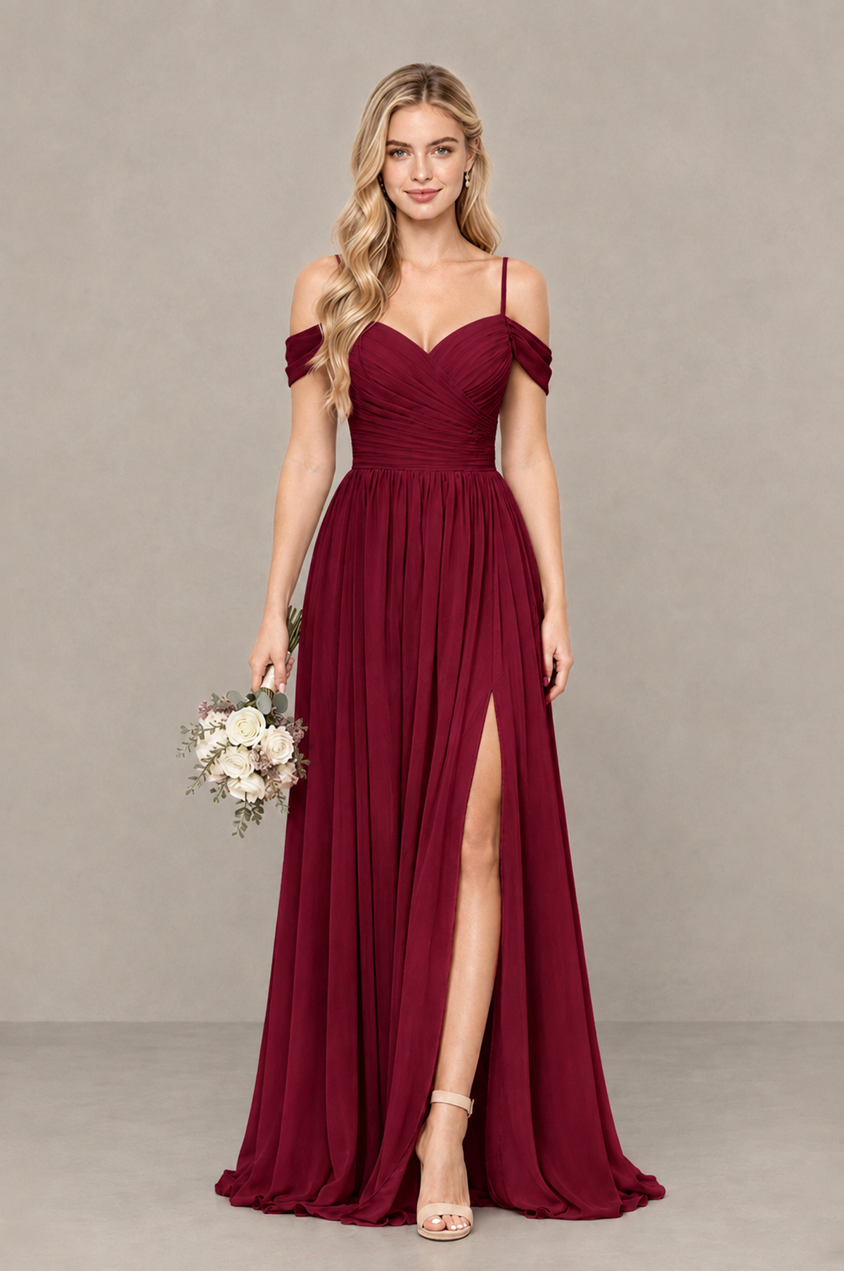BOLODOO Burgundy Off-Shoulder Bridesmaid Dress with Slit - Burgundy