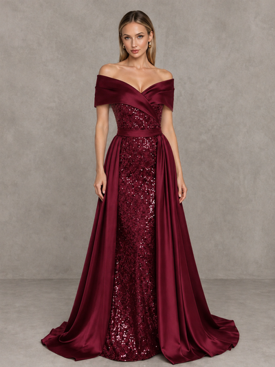 BOLODOO Burgundy Sequin Mermaid Evening Dress with Detachable Satin Overskirt and Sweep Train - Burgundy - Burgundy_1