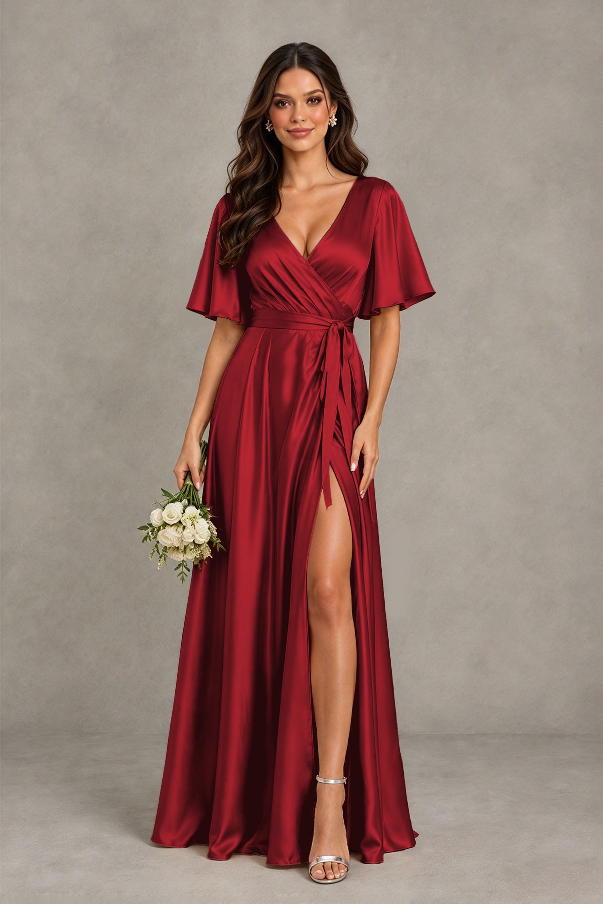 BOLODOO Burgundy Satin V-Neck Flutter Sleeve Bridesmaid Dress with Slit - Burgundy - Burgundy(1)