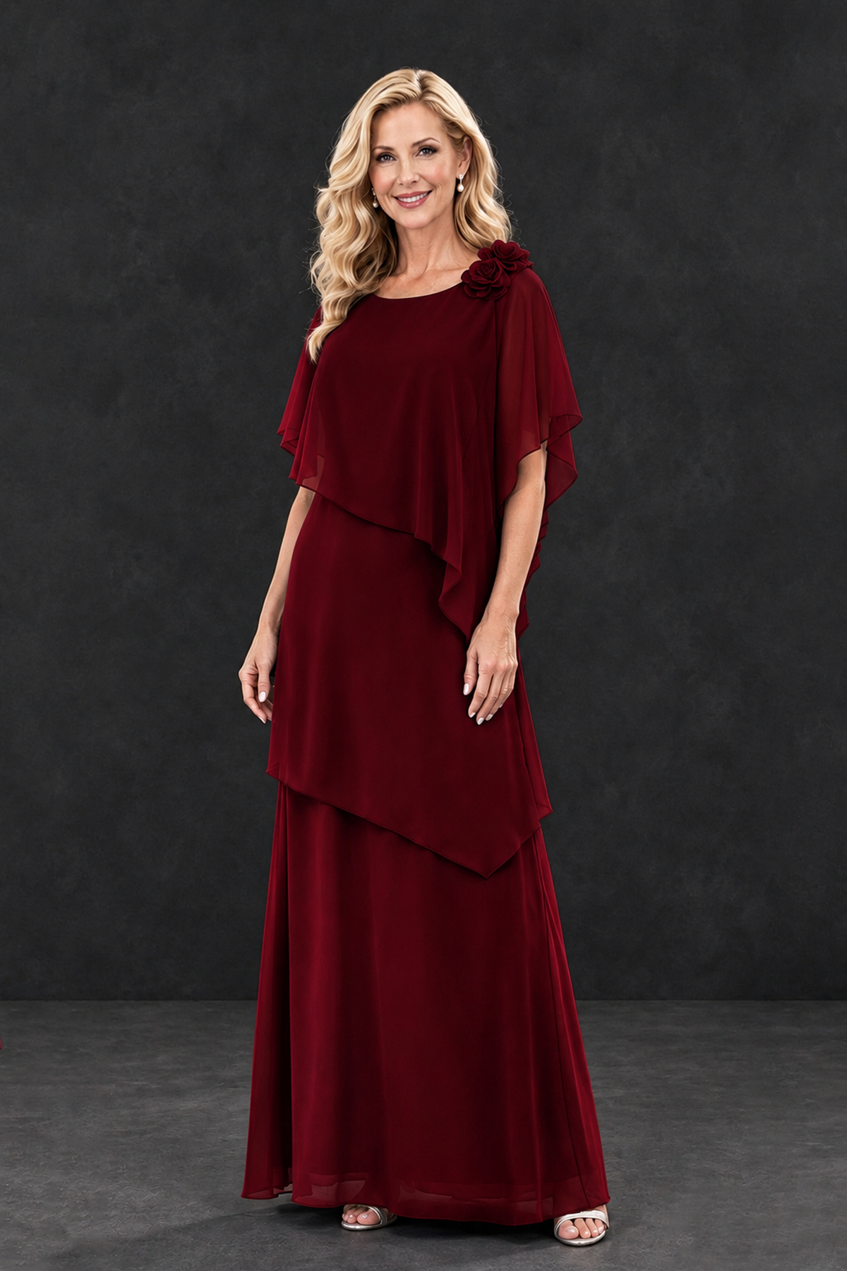 BOLODOO Burgundy Tiered Flutter Sleeve Mother of the Bride Maxi Dress - Burgundy - Burgundy_1
