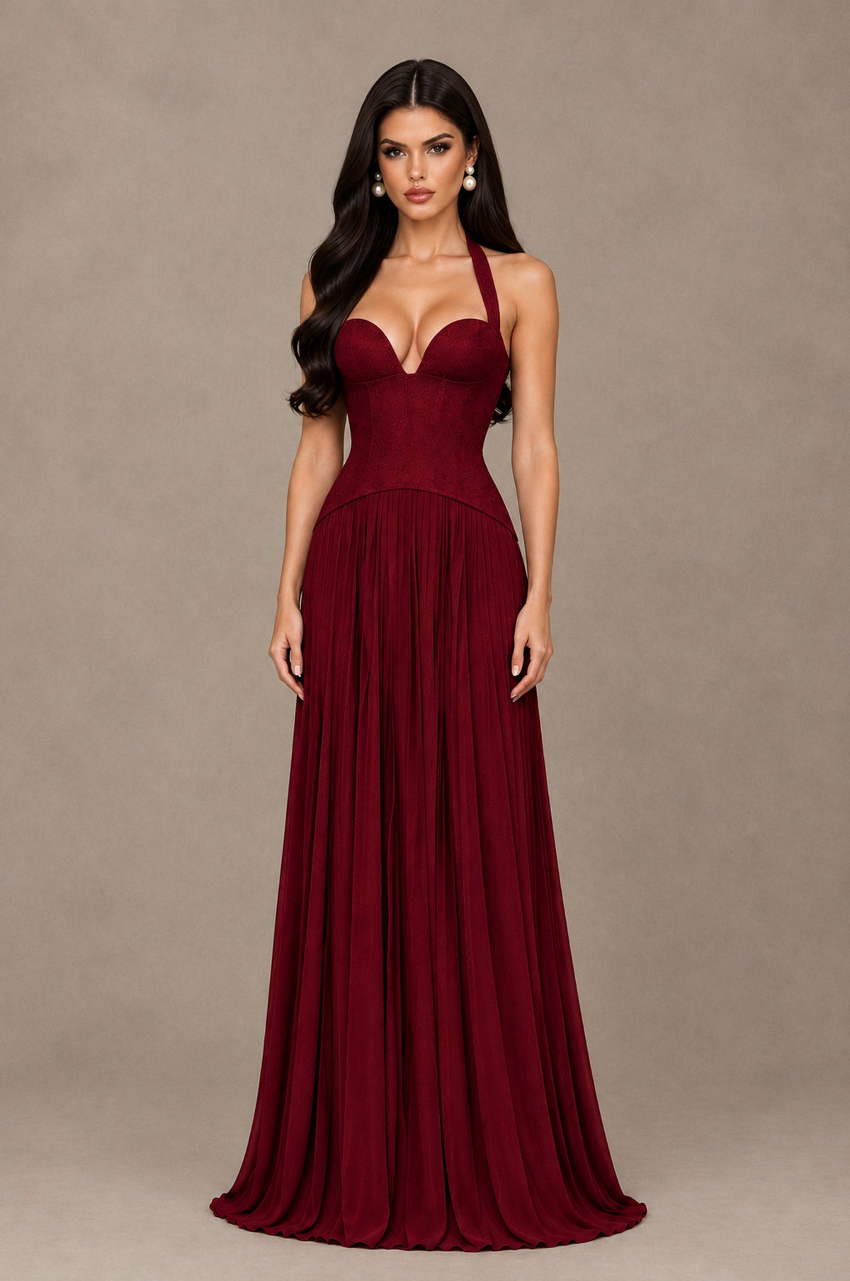 BOLODOO Burgundy Halter Corset Pleated A-Line Evening Dress - Burgundy - Burgundy_1