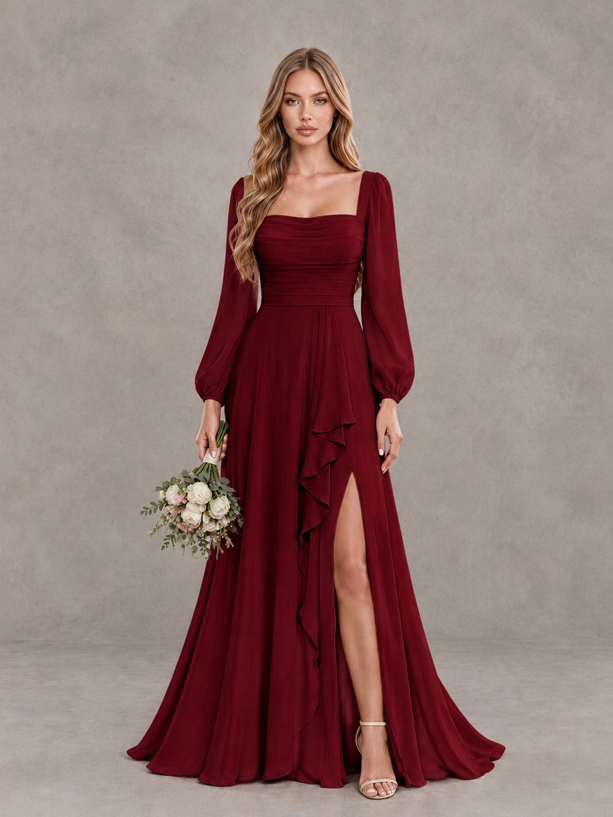 BOLODOO Burgundy Square Neck Long Sleeve Bridesmaid Dress with Ruffle Slit - Burgundy - Burgundy_1