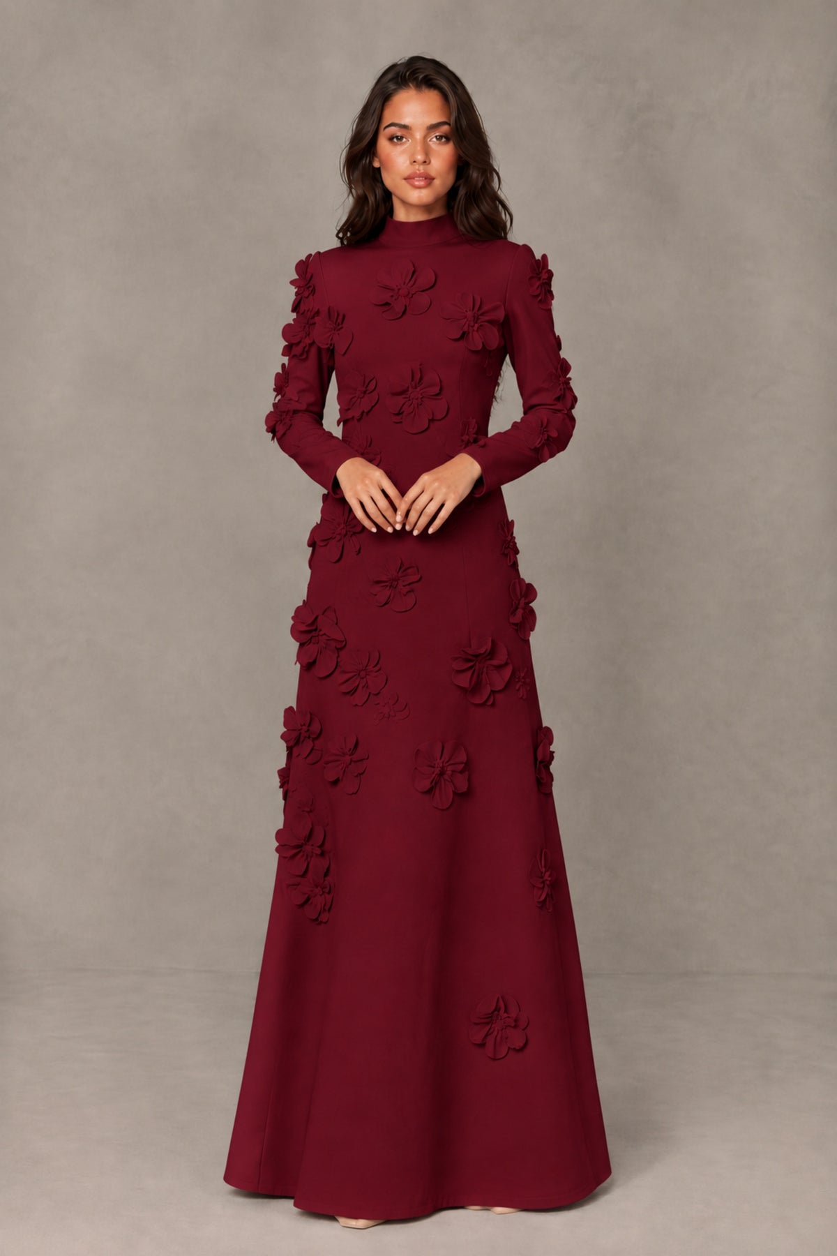 BOLODOO Burgundy High Neck Long Sleeve 3D Floral Evening Gown - Burgundy