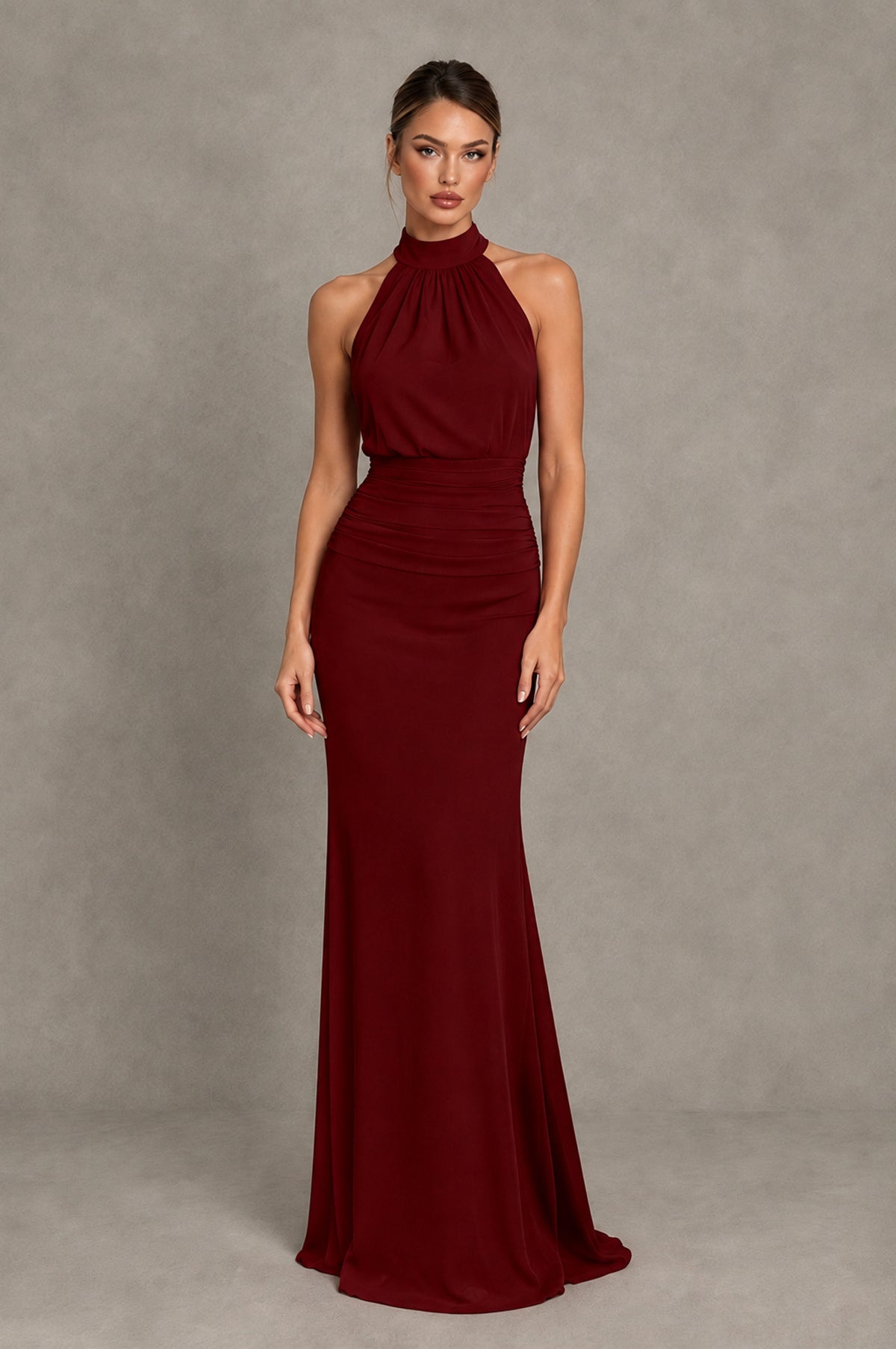 BOLODOO Burgundy Chiffon Halter Maxi Formal Wedding Guest Dress - Burgundy - Burgundy_1