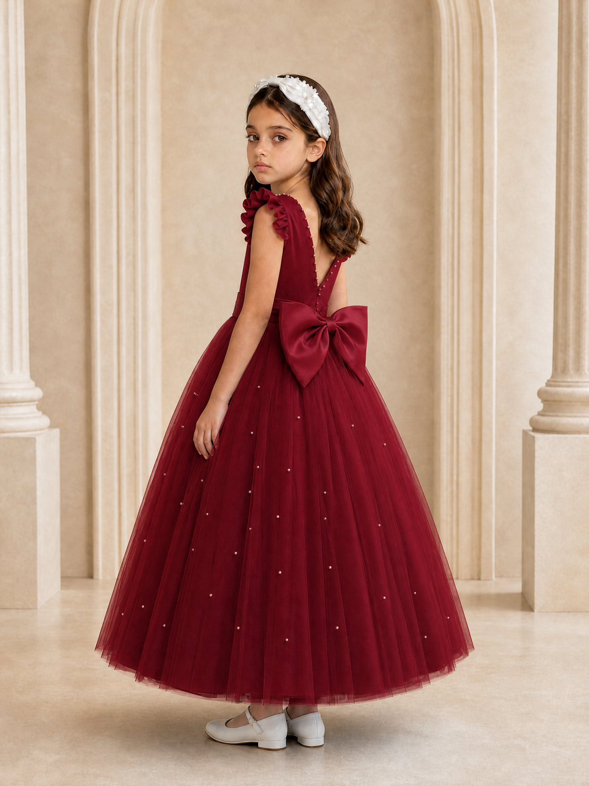 BOLODOO Burgundy Tulle Flower Girl Dress with Ruffle Sleeves & Bow Back - Burgundy - Burgundy_1