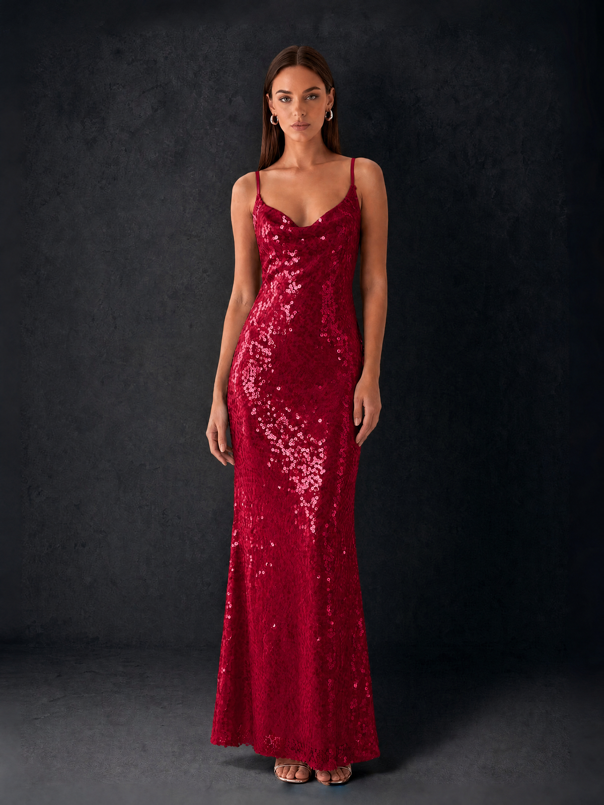 BOLODOO Bronze Sequin Cowl Neck Spaghetti Strap Mermaid Maxi Dress with Open Criss-Cross Back - Burgundy - Burgundy