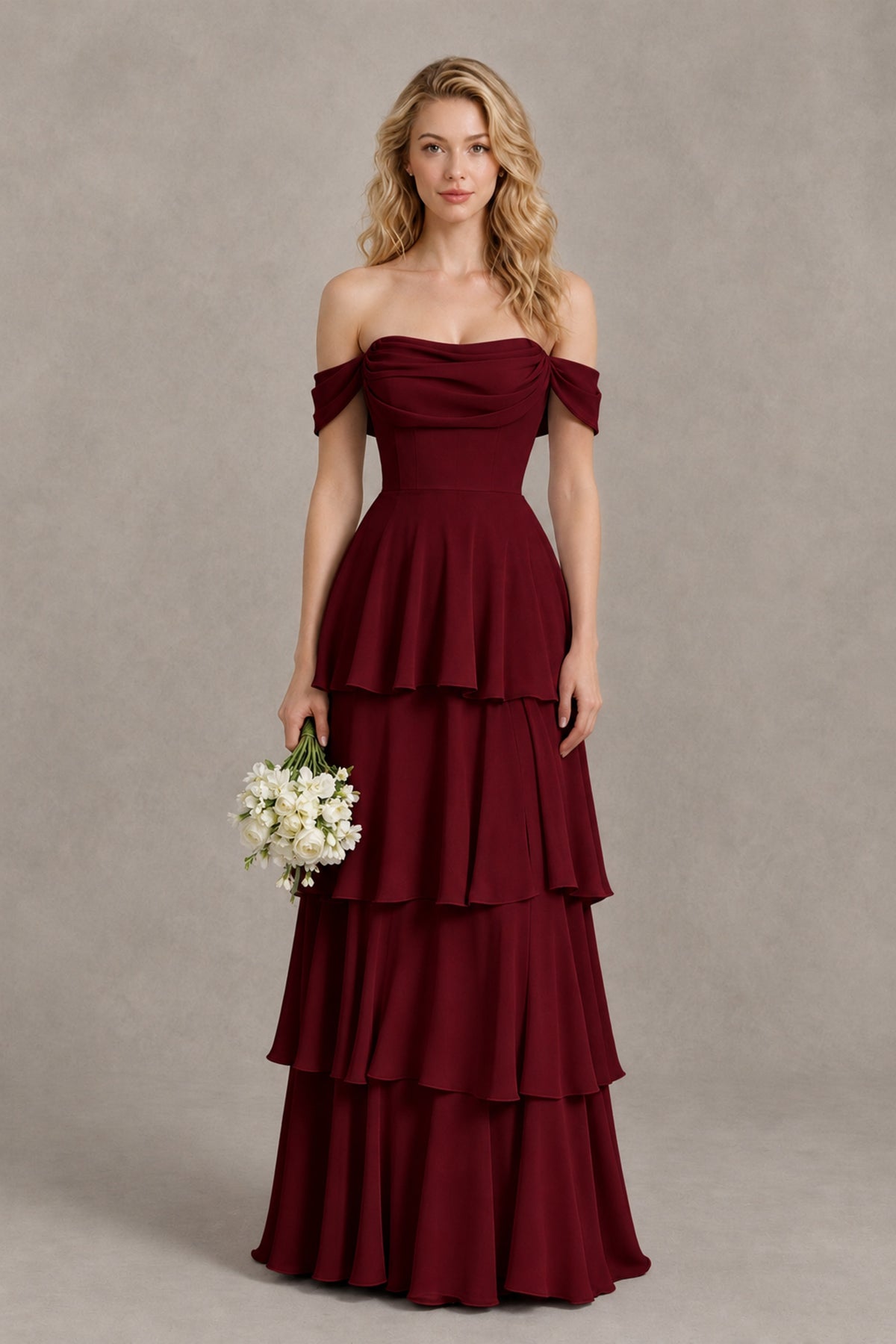BOLODOO Burgundy Off-the-Shoulder Tiered A-Line Evening Bridesmaid Dress - Burgundy - Burgundy_1