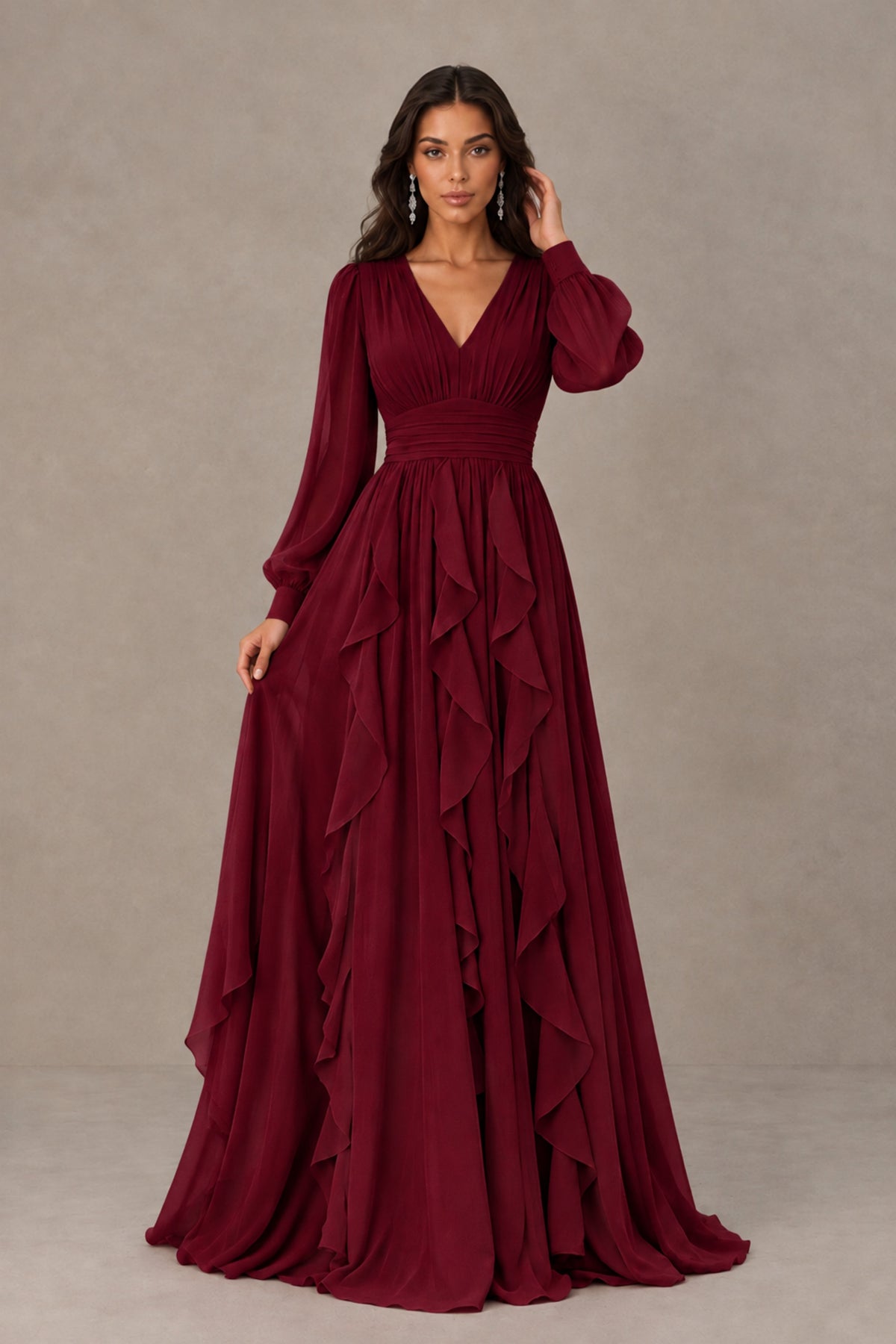 BOLODOO Burgundy Long Sleeve V-Neck Ruffle Maxi Dress - Burgundy