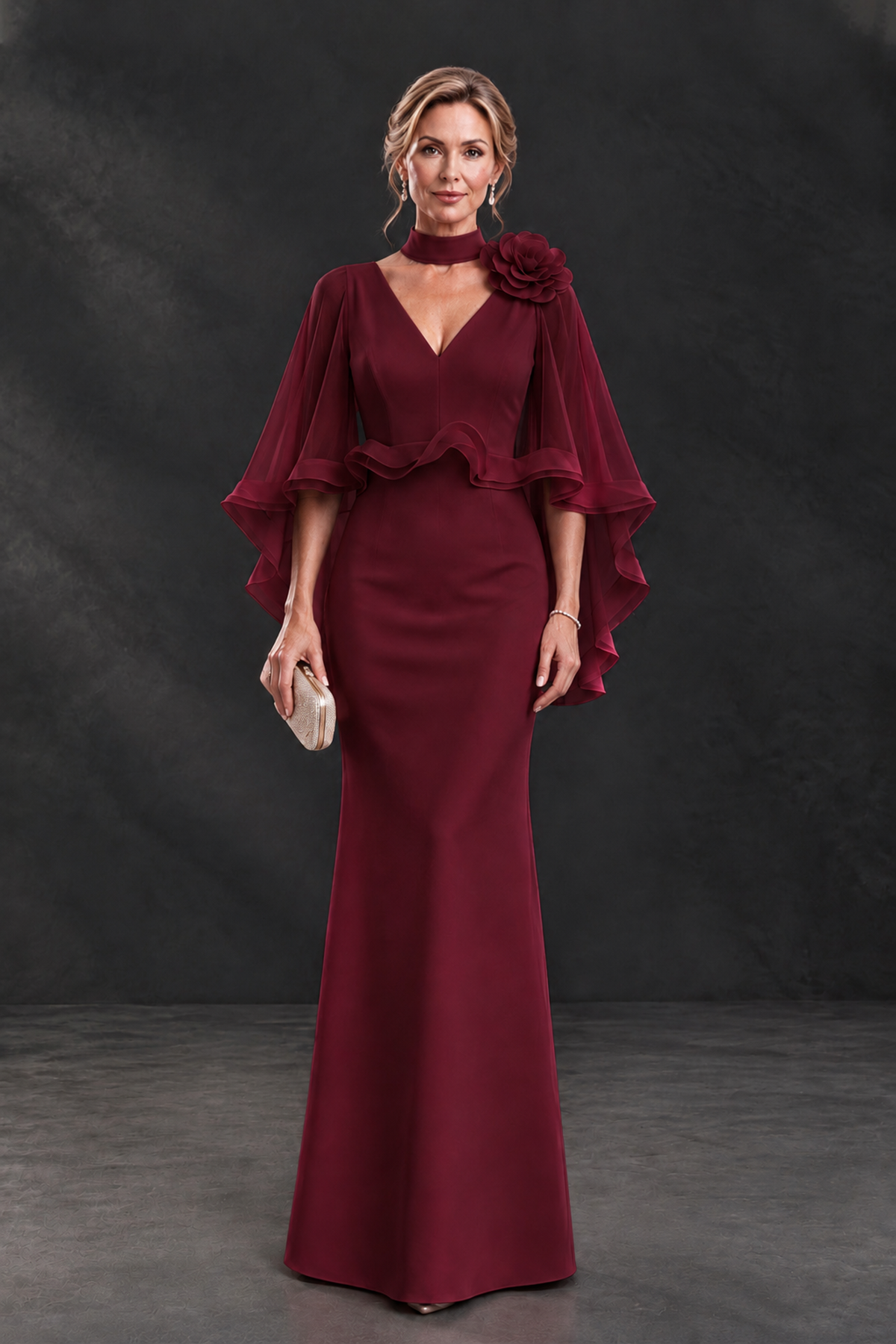 BOLODOO Burgundy Floral Cape Sleeve Mother of the Bride Dress - Burgundy - Burgundy_1