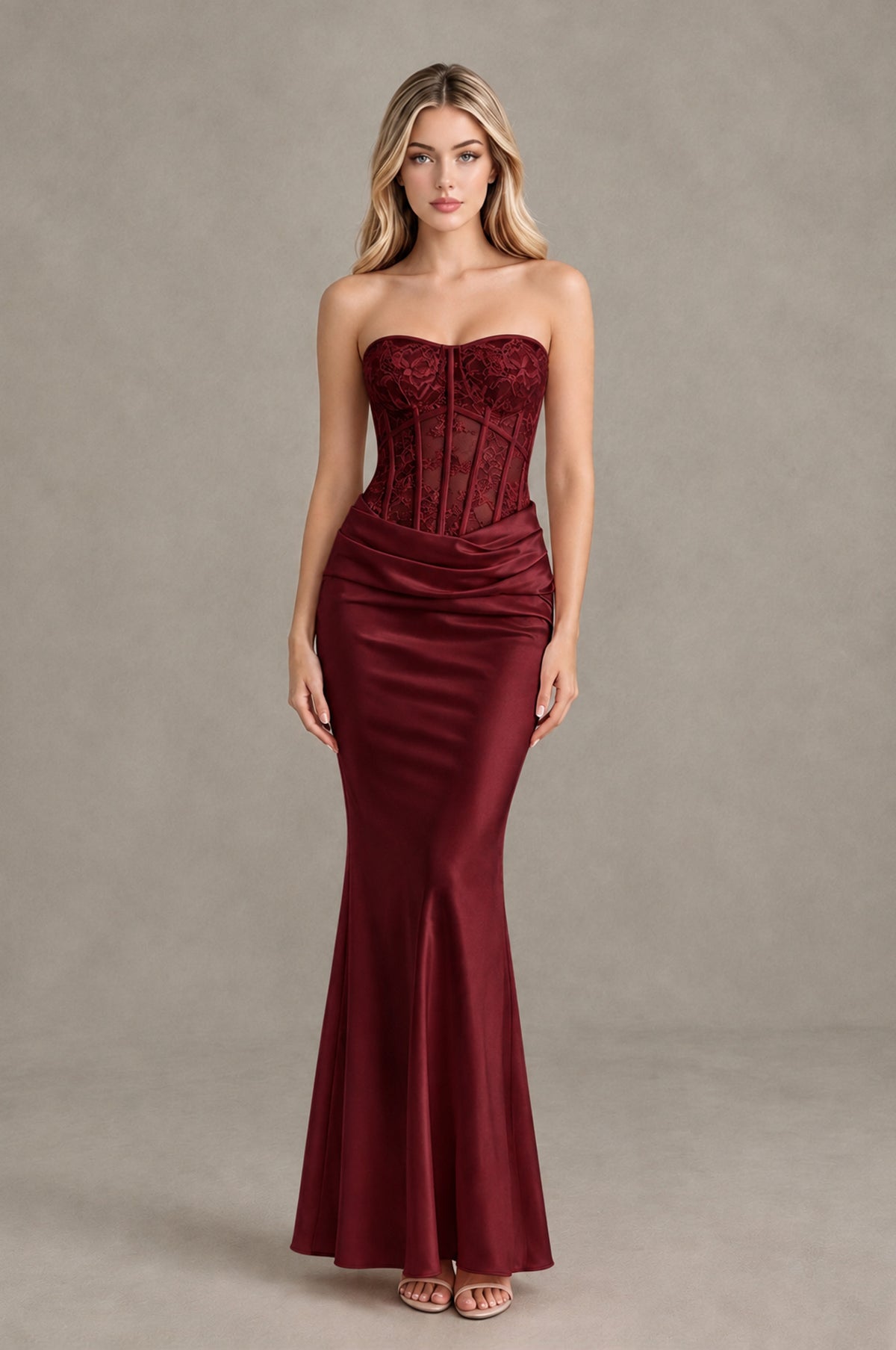 BOLODOO Burgundy Strapless Lace Corset Wedding Guest Dress - Burgundy - Burgundy_1