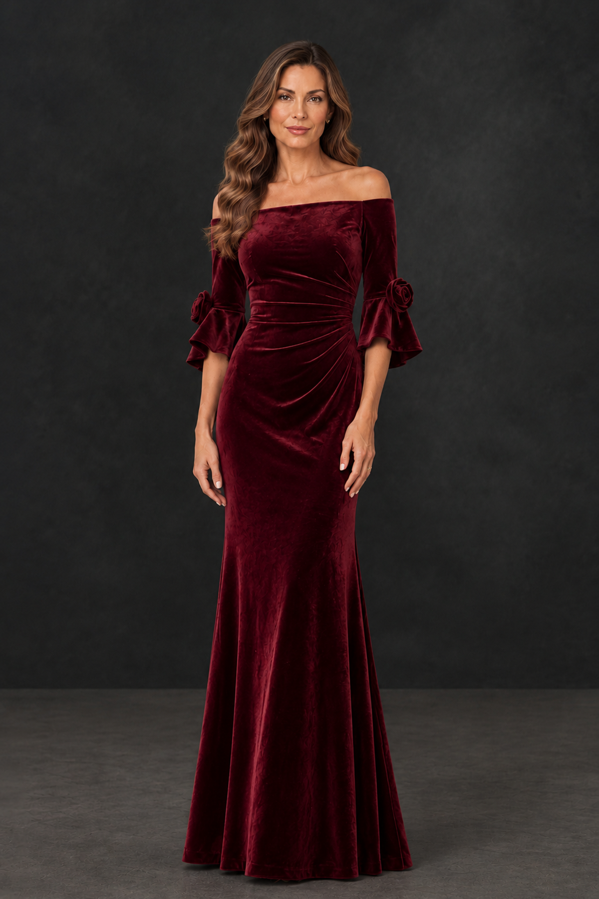 BOLODOO Burgundy Velvet Mother of the Bride Dress with Rosette Sleeves - Burgundy - Burgundy_1