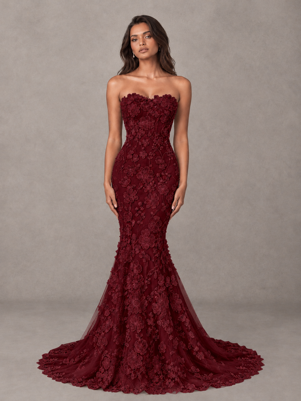 BOLODOO Burgundy Strapless 3D Floral Lace Mermaid Prom Dress with Train - Burgundy - Burgundy_1