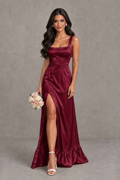BOLODOO Burgundy Square Neck Satin Evening Dress with Lace-Up Back and High Slit - Burgundy - Burgundy_1