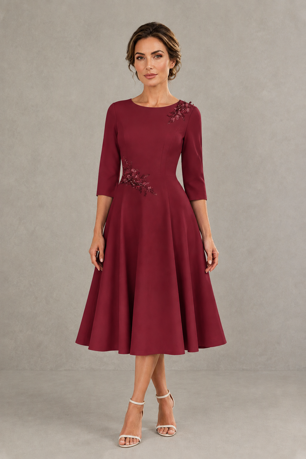 BOLODOO Burgundy 3/4 Sleeve A-Line Dress with Floral Embroidery – Mother of the Bride & Wedding Guest Dress - Burgundy