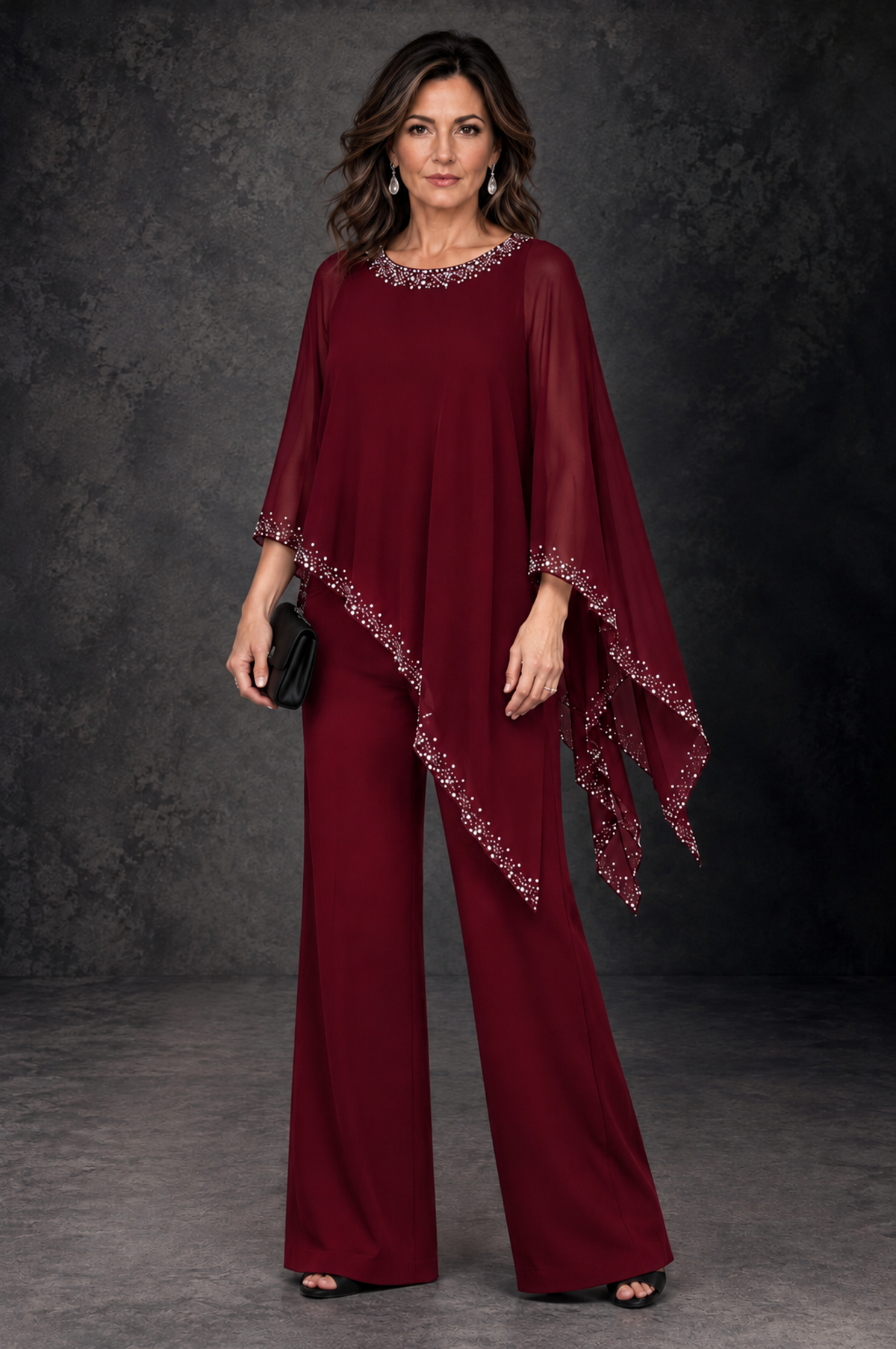 BOLODOO Burgundy Embellished Cape Mother of the Bride Pantsuit - Burgundy - Burgundy_1