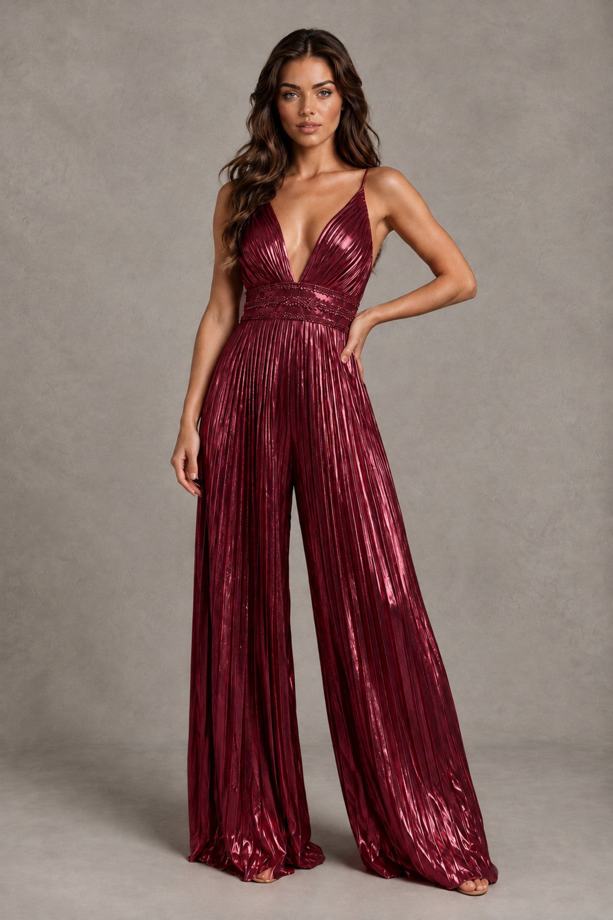 BOLODOO Burgundy Pleated Wide-Leg Jumpsuit with Open Back - Burgundy