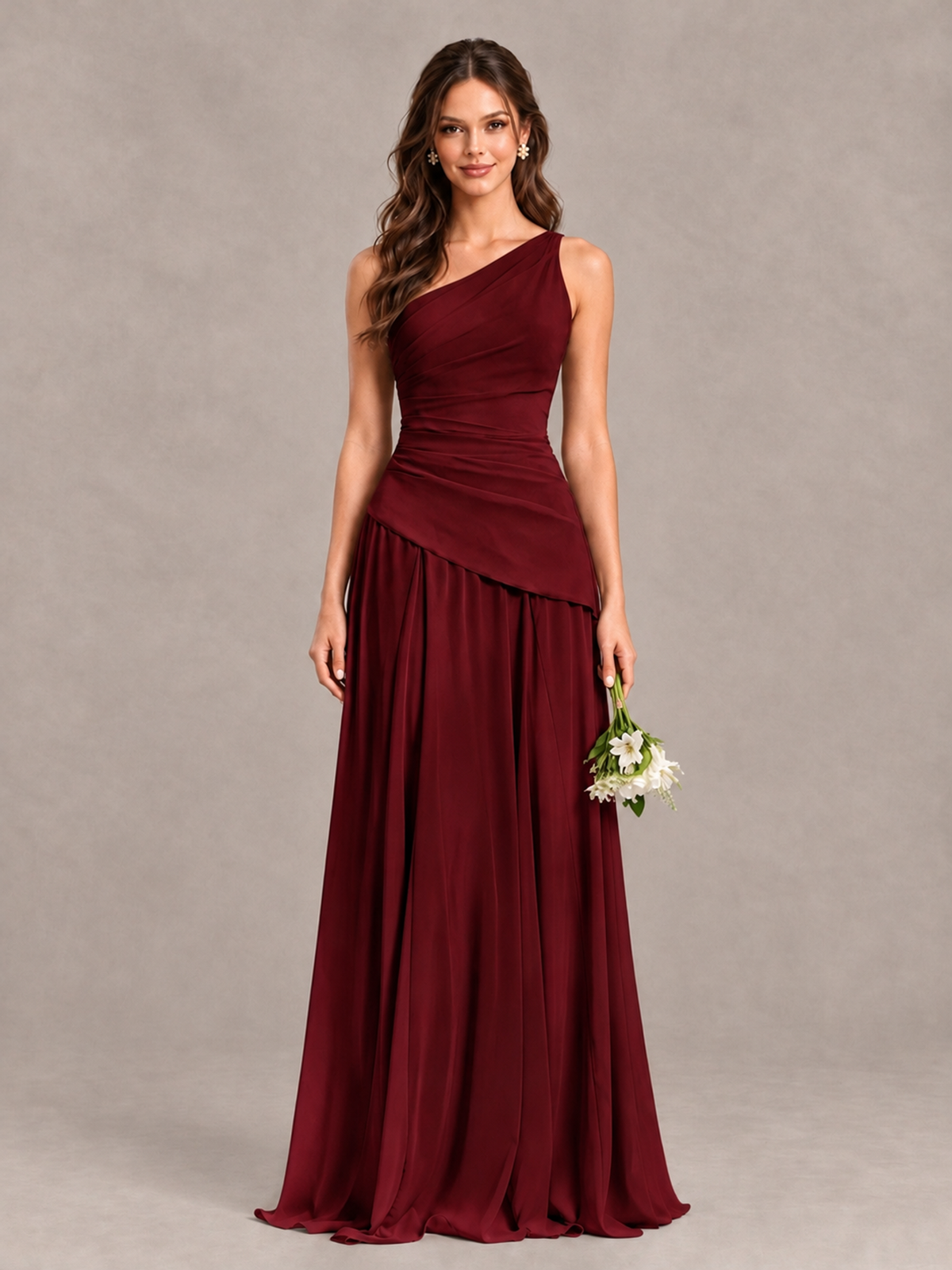 BOLODOO Burgundy One-Shoulder Lace-Up Back Bridesmaid Dress - Burgundy - Burgundy_1