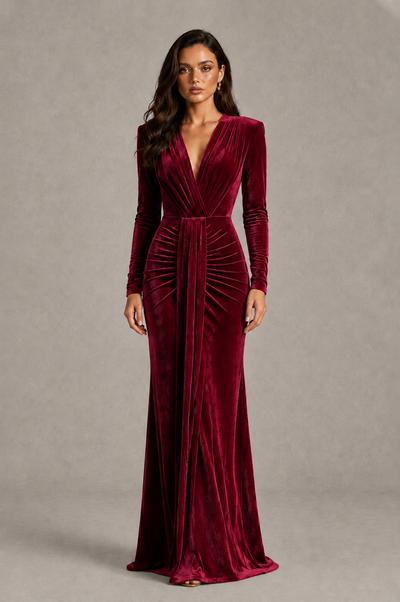 BOLODOO Burgundy Velvet Long Sleeve V-Neck Ruched Evening Gown - Burgundy