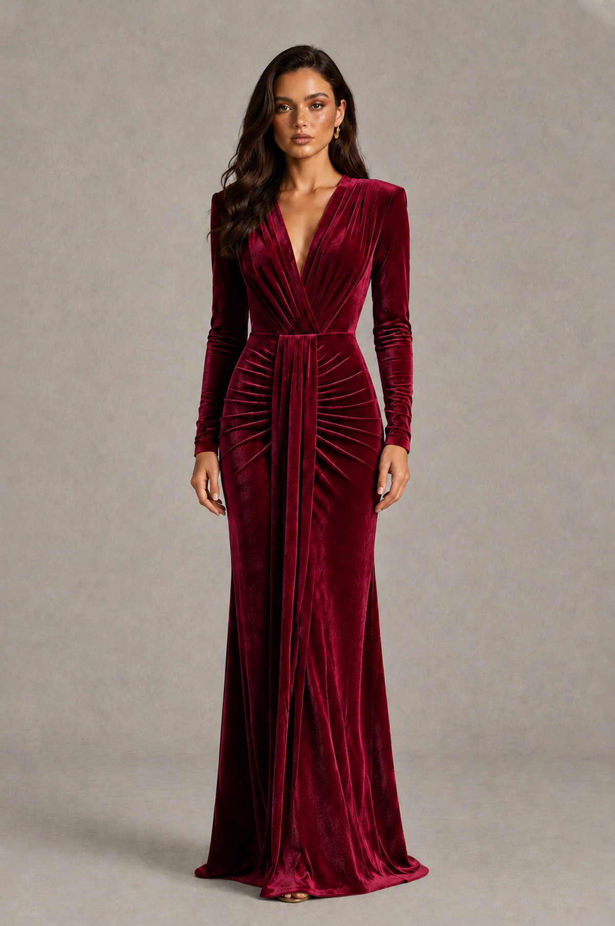 BOLODOO Burgundy Velvet Long Sleeve V-Neck Ruched Evening Gown - Burgundy