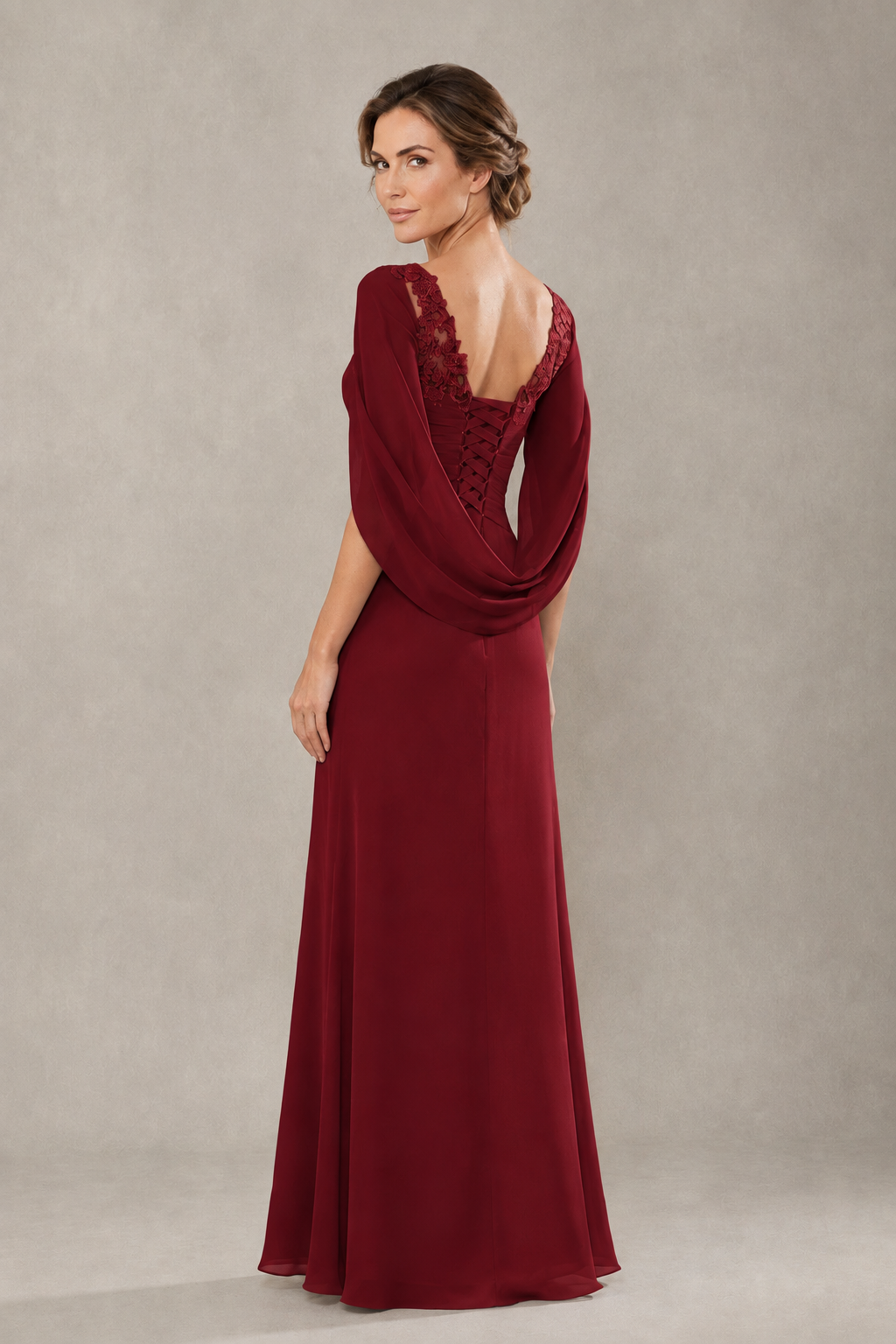 BOLODOO Burgundy Chiffon V-Neck Lace Applique Cape Sleeve Cascade Ruffle Lace-Up Back Sheath Maxi Evening Dress - Burgundy