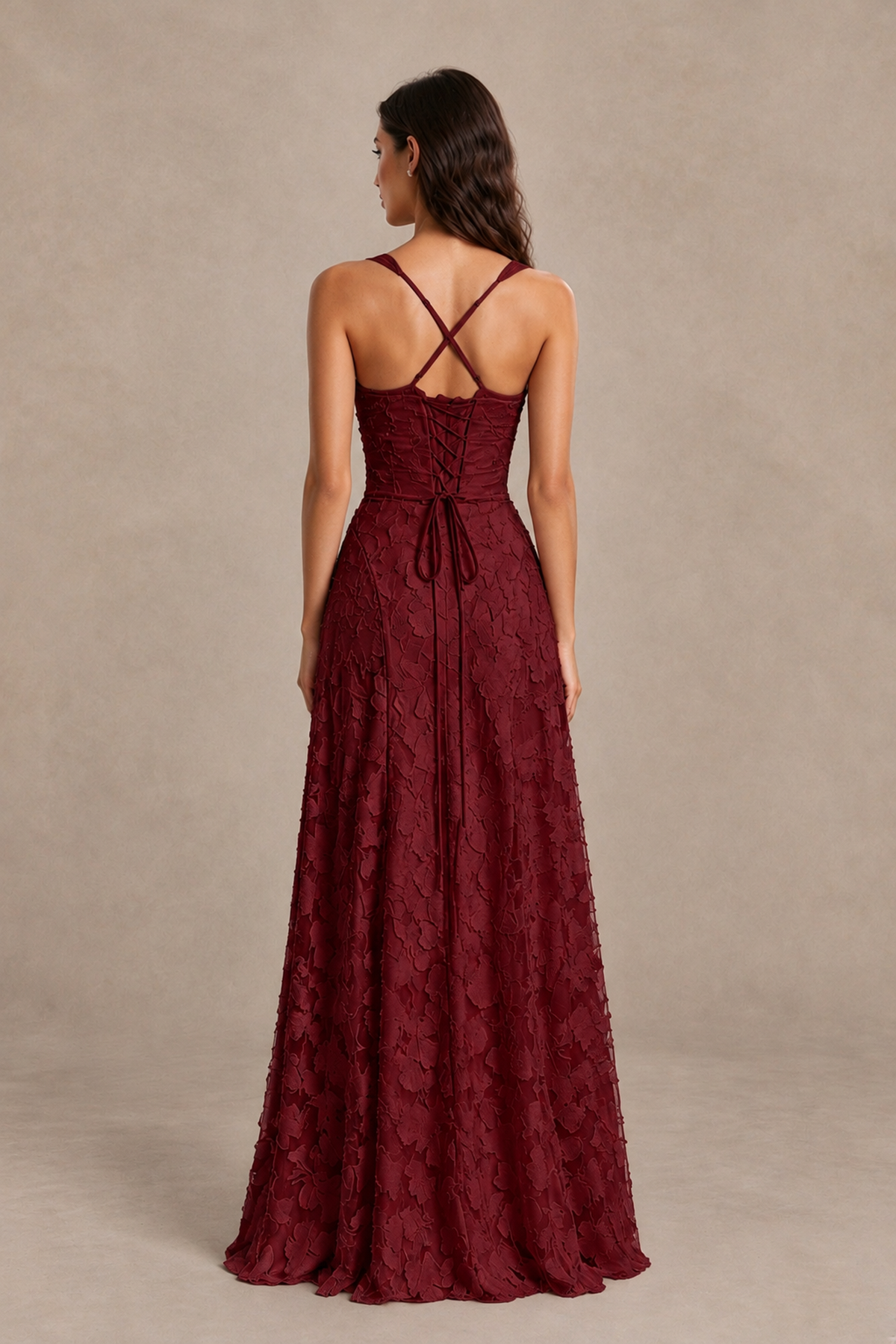 BOLODOO Burgundy Floral-Textured A-Line Dress with Lace-Up Back - Burgundy - Burgundy_2