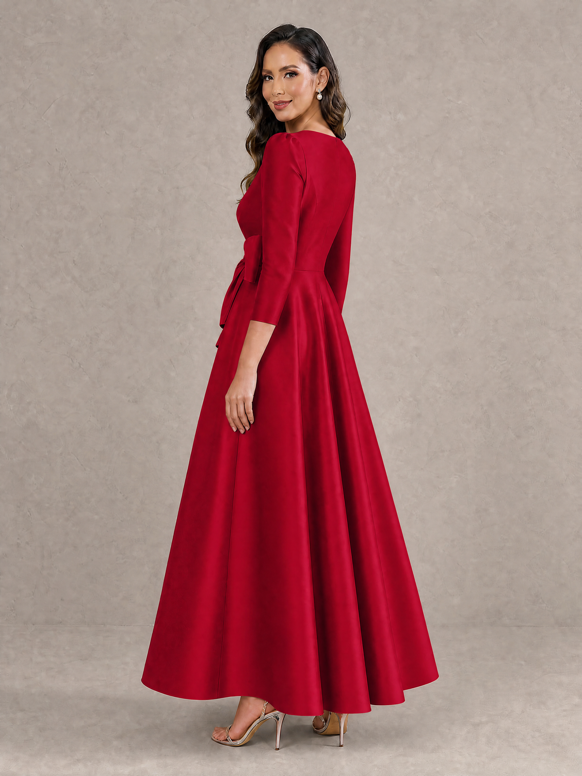 BOLODOO Burgundy Satin Deep V-Neck Wrap 3/4 Puff Sleeve A-Line Ball Gown Maxi Dress with Oversized Bow Belt - Burgundy