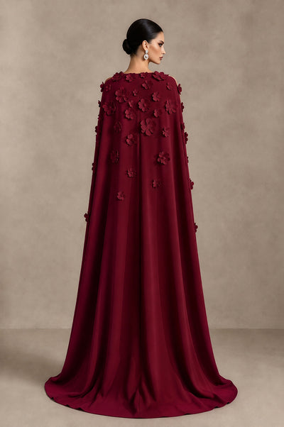 BOLODOO Burgundy 3D Floral Applique Cape Formal Dress - Burgundy - Burgundy_2
