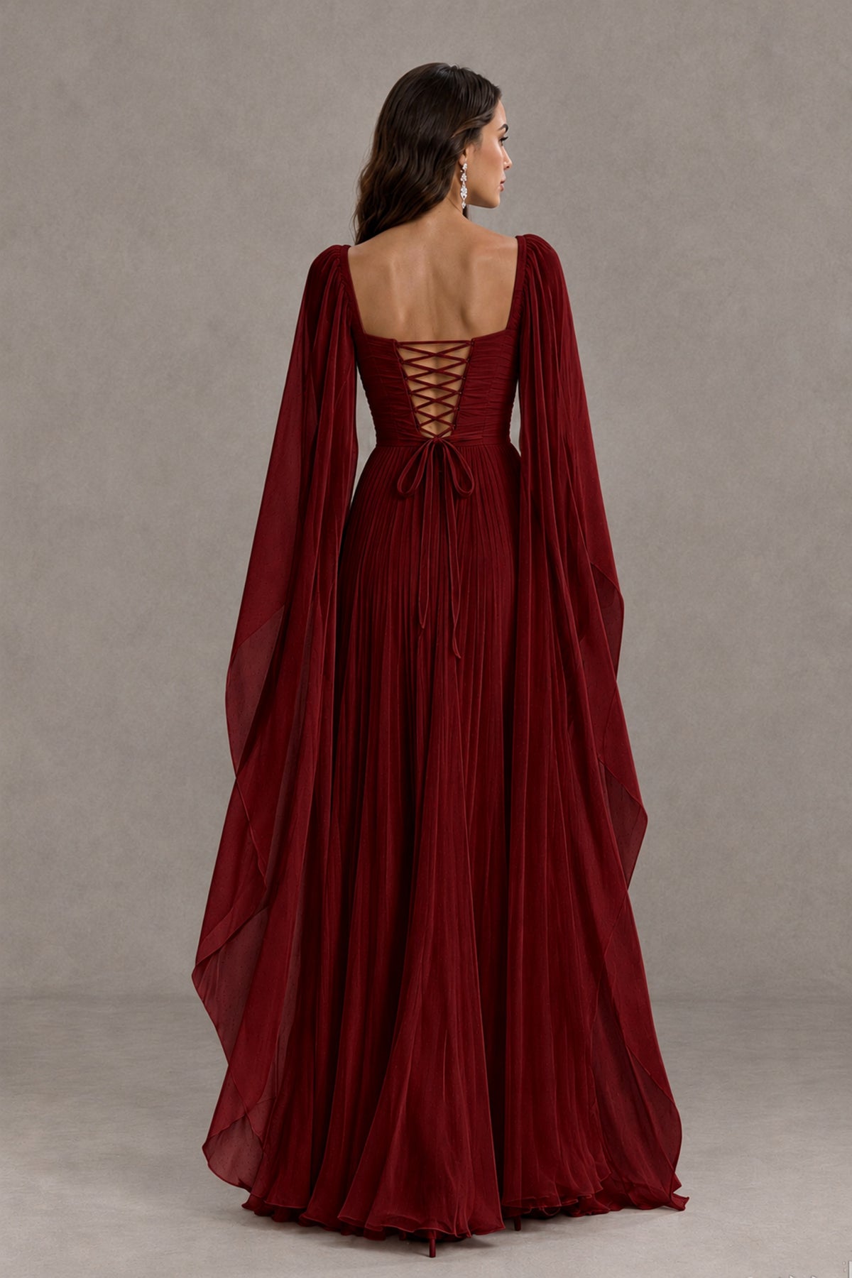BOLODOO Burgundy Square Neck Cape Sleeve A-Line Evening Dress - Burgundy - Burgundy_2