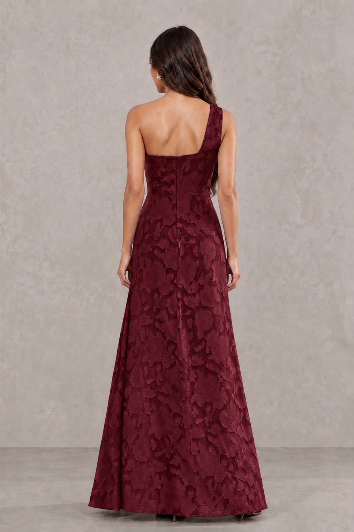 BOLODOO Burgundy One-Shoulder Floral Textured Maxi Dress with High Slit - Burgundy - Burgundy_2