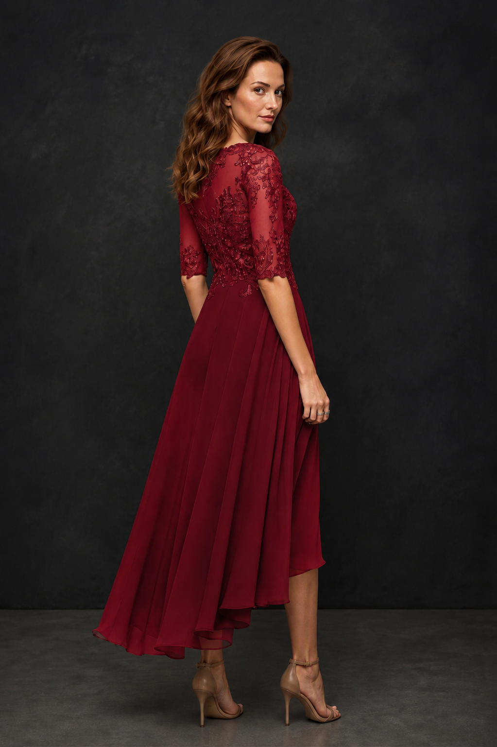 BOLODOO Burgundy Illusion Lace 3/4 Sleeve Hi-Lo Chiffon A-Line Dress | Mother of the Bride Tea Length Dress - Burgundy