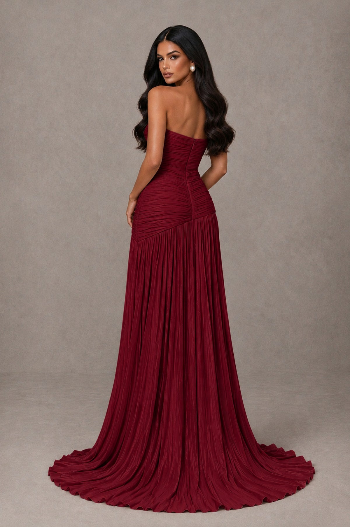 BOLODOO Burgundy Metallic Ruched Strapless Pleated A-Line Backless Maxi Dress with Train - Burgundy - Burgundy_2