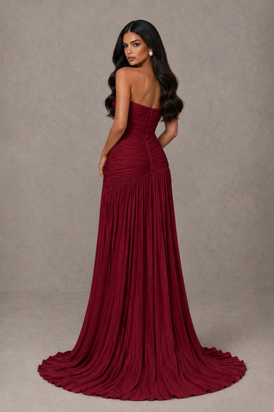 BOLODOO Burgundy Metallic Ruched Strapless Pleated A-Line Backless Maxi Dress with Train - Burgundy - Burgundy_2