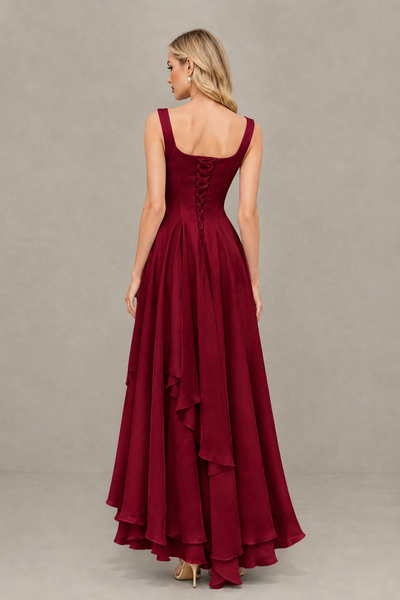 BOLODOO Burgundy Square Neck Chiffon Bridesmaid Dress with Lace-Up Back - Burgundy