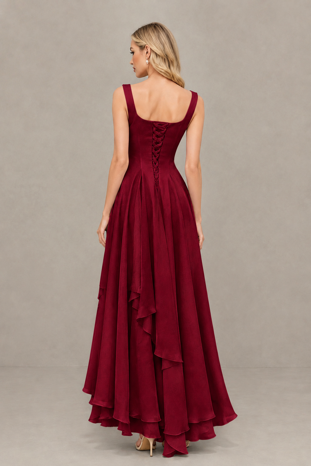 BOLODOO Burgundy Square Neck Chiffon Bridesmaid Dress with Lace-Up Back - Burgundy