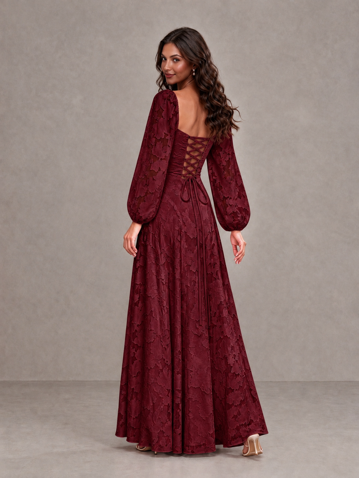 BOLODOO Burgundy Floral Long Sleeve A-Line Bridesmaid Dress - Burgundy - Burgundy_2