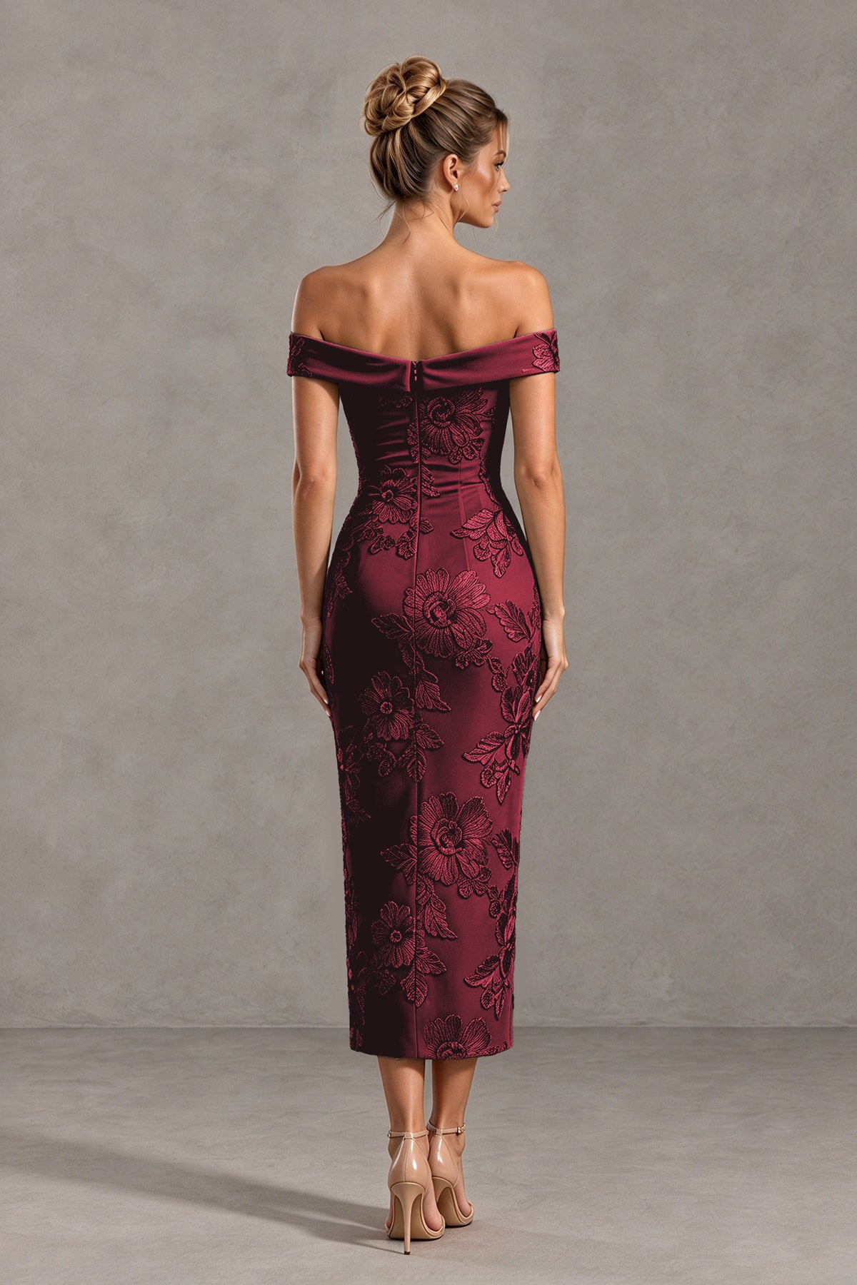 BOLODOO Burgundy Off Shoulder Floral Jacquard Midi Dress - Burgundy - Burgundy(2)