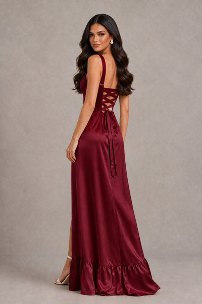 BOLODOO Burgundy Square Neck Satin Evening Dress with Lace-Up Back and High Slit - Burgundy - Burgundy_2